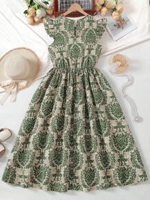 少女花卉图案盖袖腰线休闲迷你连衣裙，适合节日、休闲、日常穿着 - 綠色 - 查看 2