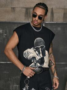 AXEPEAK Camiseta de tirantes de cuello redondo corta con estampado de figura masculina, casual para verano - Negro - Ver 4