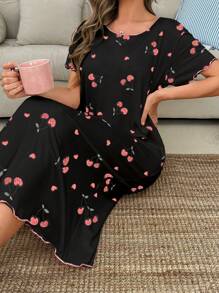 SHEIN Women Color Block Cherry Print Lettuce Trim Short Sleeve Nightgown, Moo Moo Sleep Dress - Multicolor - View 3