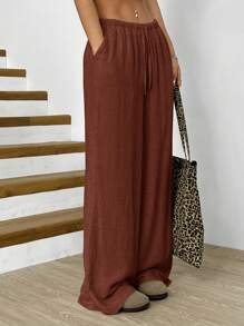 SHEIN EZwear 大码休闲百搭纯色阔腿裤 - 棕色 - 查看 5