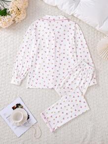 SHEIN 2件套女士简约爱心印花长袖上衣和裤子家居服睡衣套装，秋冬服装 - 粉色 - 查看 2