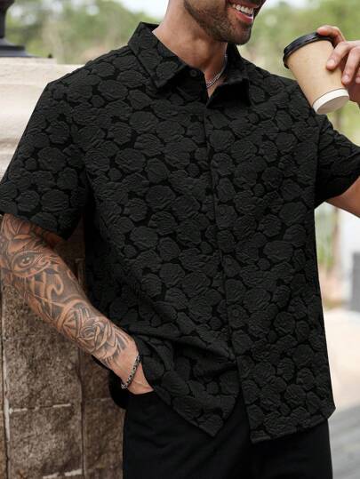 Manfinity Homme Men's Plus Casual And Holiday Wear Short Sleeve Shirt, Featuring Vintage Luxurious Romantic Solid Color Textured Jacquard, Coffee Brown With Rose Pattern. This Shirt Has A Button Placket Closure, Suitable For All-Season Breezy Attire. It Is Perfect For Pairing With Hawaiian Beach Vacation, As Well As Couples Wear, Making It An Excellent Gift For Boyfriends Or Husbands.