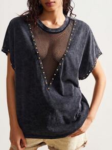 Bohemela 女式宽松纯色针织拼布网眼圆领短袖 T 恤 - 黑色 - 查看 2