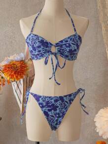 SHEIN Swim Bộ đồ bơi 2 món/bộ áo crop top cổ yếm in họa tiết ngẫu nhiên mùa hè cho nữ và quần short buộc dây bên hông, trang phục đi nghỉ ở bãi biển - Nhiều màu - Xem 1