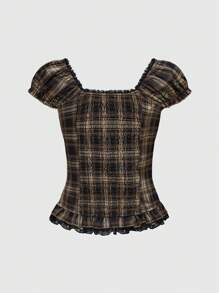 ROMWE Goth 学院风女式格子衬衫，荷叶边下摆，泡泡袖