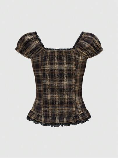 Goth Chemise à carreaux de style universitaire pour femmes avec ourlet volants et manches bouffantes
