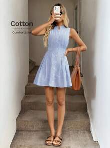 Easowa 立领纽扣前部松紧腰褶皱 A 字形无袖休闲度假优雅迷你连衣裙，棉质条纹面料 - 藍白色 - 查看 5
