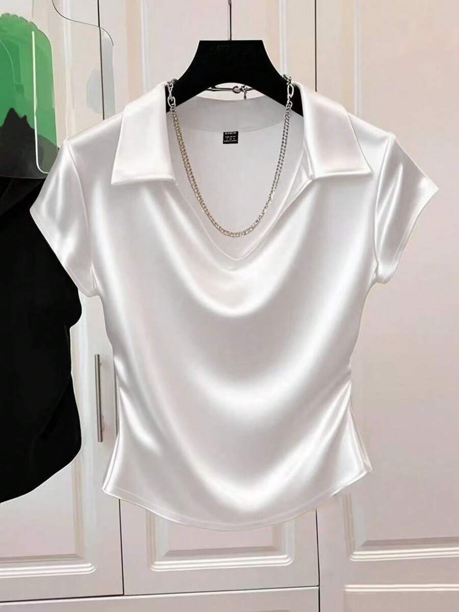 GlowEve 优雅女士纯色 Polo 领短袖 T 恤，夏季 - 白色 - 查看 1