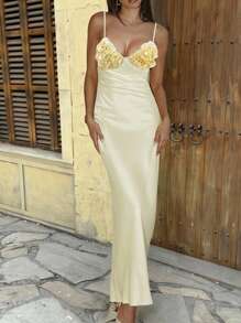 INAWLY Women's Summer New Solid Color Ruffle Decor V-Neck Dress - Apricot - View 3