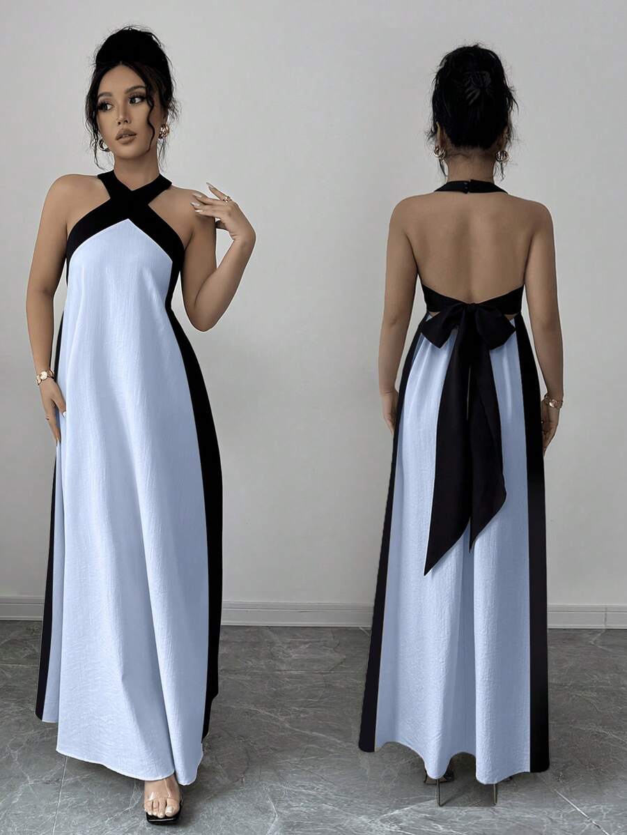 SHEIN ChicEase 女式夏季波西米亚风格度假露背蝴蝶结拼色喇叭裙 - 淺藍色 - 查看 1