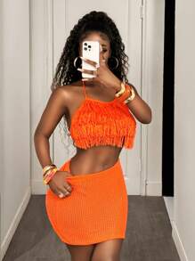BamGleam Conjunto de dos piezas de jersey para mujer, top de punto sin mangas, tirantes con flecos, falda corta, ajustada naranja, sexy para vacaciones, fiestas en la playa, ropa de mujer para primavera y verano