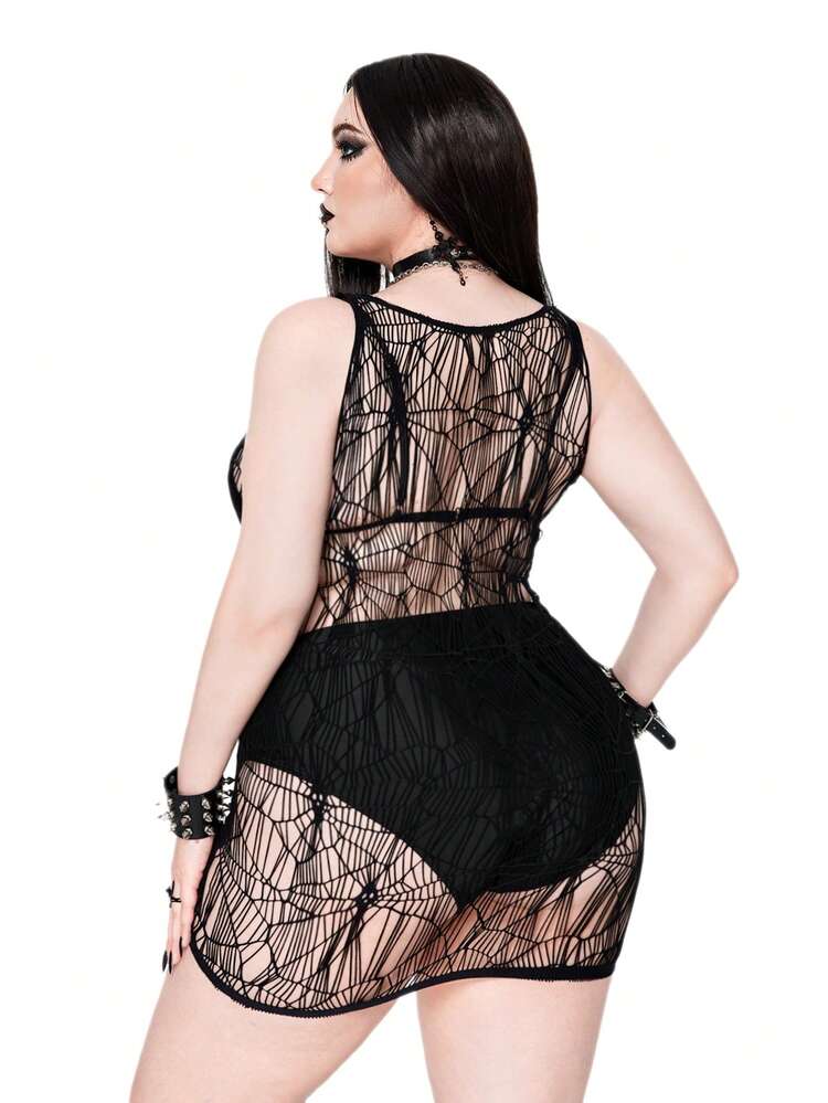 Whyspr 大码女式不对称蜘蛛网渔网性感连衣裙 - 黑色 - 查看 6