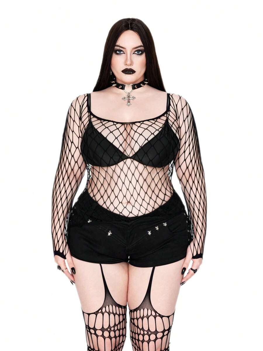 Whyspr 大码女式方领长袖透视激光切割性感衬衫