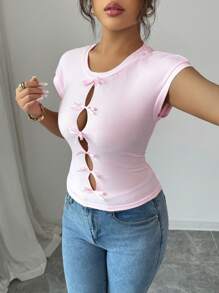 Chiquease Camiseta de mujer elegante y sexy con diseño calado de mariposa - Rosa - Ver 4