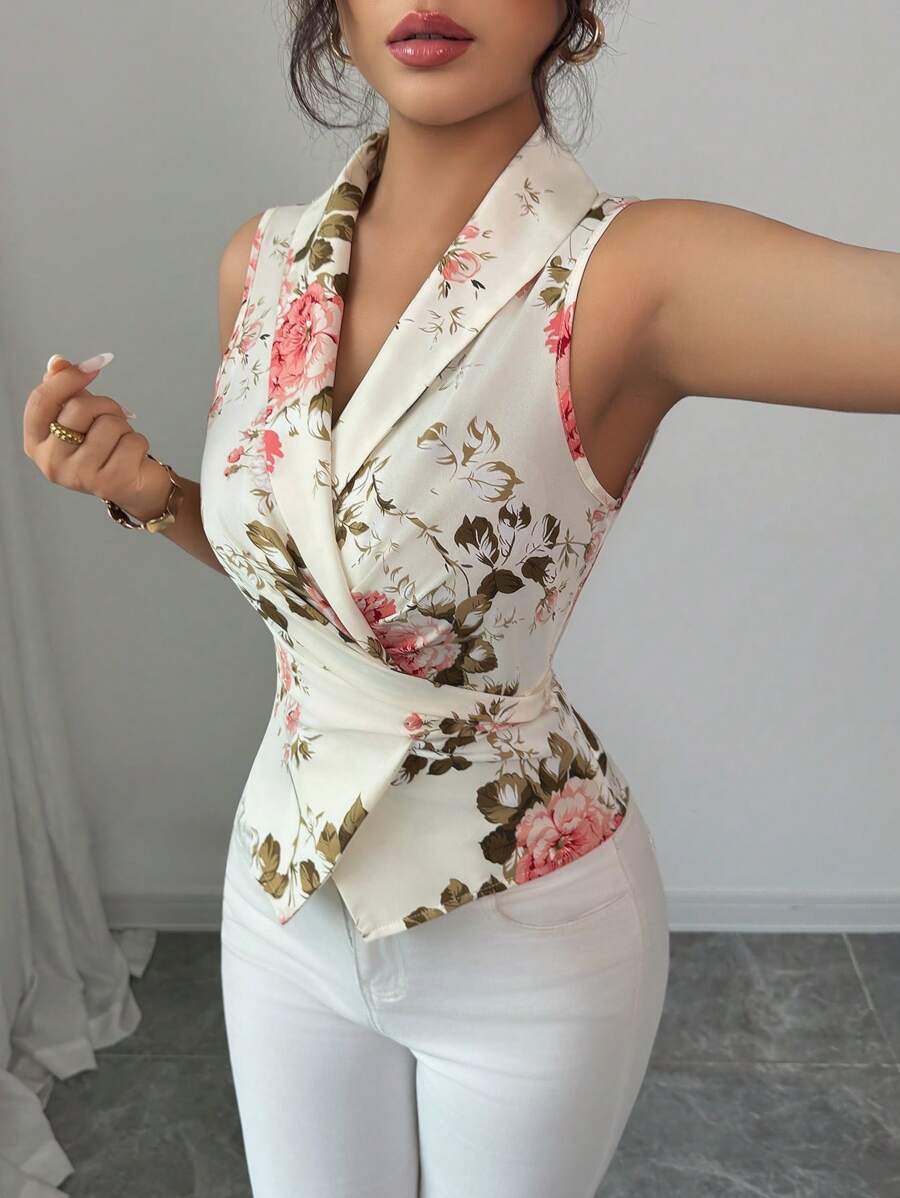 Selianne 女士无袖 V 领系带腰部蝴蝶结装饰印花优雅浪漫衬衫 - 彩色 - 查看 1