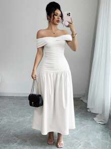 SHEIN Privé Đầm dài hở vai xếp nếp đan màu trắng mới cho nữ, phong cách mùa hè thanh lịch - trắng - Xem 1