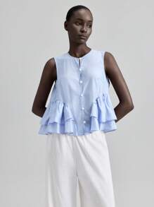 Ontre 2026春夏女士沙滩度假毕业办公装，女士沙滩度假，下午茶派对，纯色单排扣荷叶边下摆无袖衬衫，度假风商务休闲装 - 藍色 - 查看 4