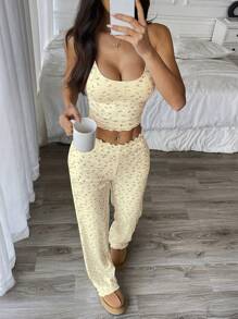 Flirla 2pcs Set: Sleeveless Printed Ribbed Fabric Jumpsuit And Pants For Casual Home Wear