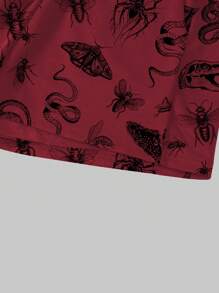 ROMWE Goth Pantalones cortos con estampado de plantas e insectos de talla grande, con cordón a la cintura, para uso casual u outdoor - Rojo - Ver 3