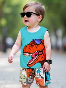 SHEIN Playful Pals 1 套男婴时尚酷炫可爱卡通恐龙涂鸦印花无袖上衣和短裤套装，适合外出和日常穿着，夏季