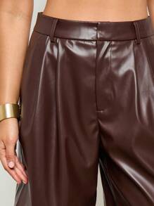 AiiRZ Faux Leather Bermuda Length Pleated Shorts High Waisted Classic Fall Winter Fashion Statement Wide Leg Bottoms Dressy Casual Everyday Wear - Coffee Brown - View 5