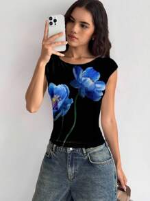 Siren Gaze Áo thun in hoa tối giản màu xanh dành cho nữ, phù hợp cho mùa hè, bãi biển, trở lại trường, kỳ nghỉ xuân - Nhiều màu - Xem 3