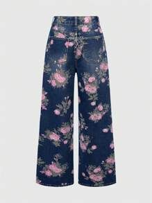 ROMWE Fairycore Vintage Floral Print Washed Loose Baggy Flared Jeans For Women, Summer - Blue - View 3