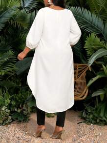 SHEIN Lady 春夏优雅通勤办公室休闲波西米亚风白色编织圆领加大码 T 恤，度假海滩外出上衣海滩