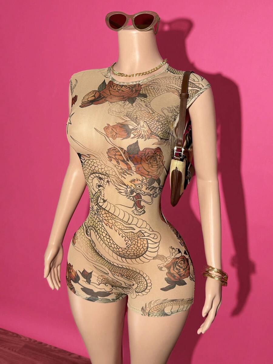 Slaydiva 2025-Summer New Casual Street Music Festival Shopping Sexy Backless Pattern Women's Mesh Skinny Jumpsuit,Street, Party, Travel, Graduation Outfit, Brunch Outfit, Back To School, Sexy, Hot Girl Dragon Print Romper Tattoo Print Romper