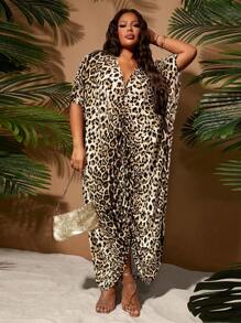 SHEIN SXY Plus Size Women's Spring&Summer Elegant Sexy Leopard Print Indented Pleat Design Fashion Split Front Gather Dress,Suitable For Everyday Wear, Western Wear,Music Festival,Concert Leopard Print Plus Size Plus Size Leopard Print Dress Plus Size Kaftan; Animal Print Plus Size; Plus Size Maxi Dress - Multicolor - View 1