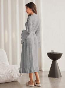 Lazeform Women's Casual V-Neck Long Sleeve Tie-Front Robe, Ruffled Hem Loose Flare Sleeve Long Robe, For Fall & Winter, Cozy Outfits - Grey - View 2