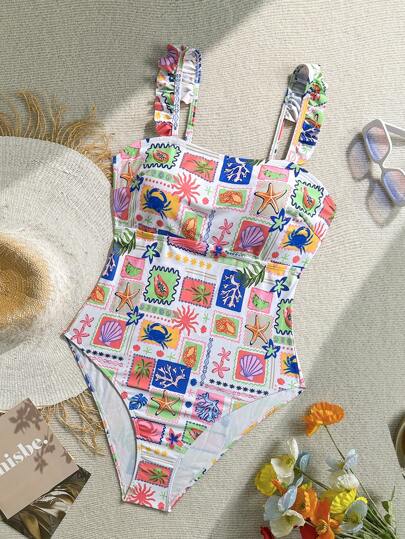 Soleia Traje de baño de una pieza con escote halter, volantes y estampado floral tropical para mujer de talla grande