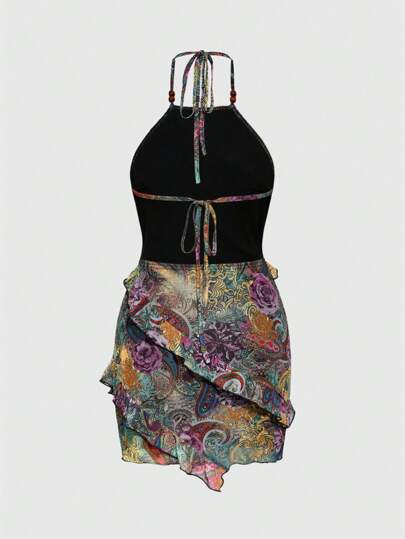 Hippie Y2K Vintage Hippie Cashew Flower & Rose Print Backless Halter Neck Women Dress