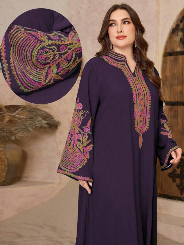 Al Najma Plus Size Plants Embroidered Notched Neck Arabic Style Dress For Women, Modest Kaftan