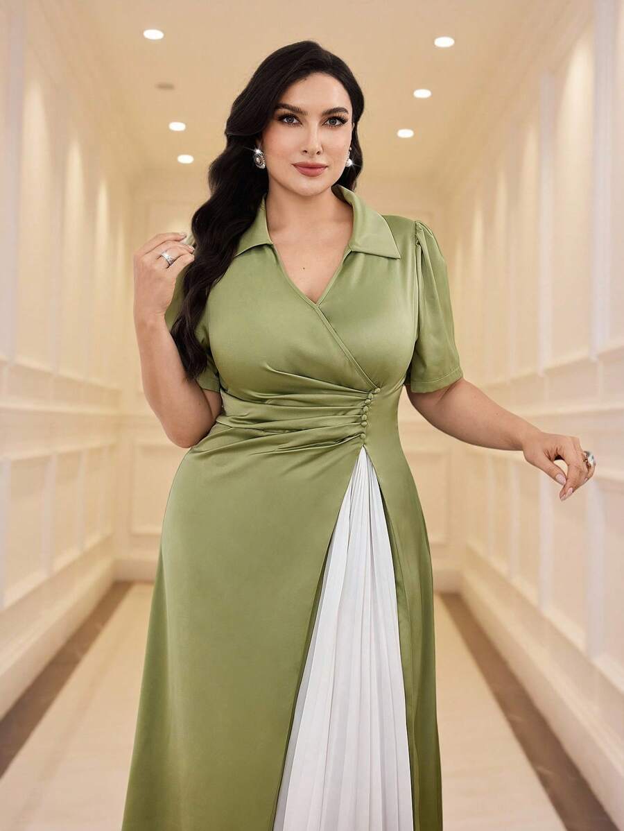 Modelyn 大码女式纯色荷叶边领短袖优雅中长连衣裙 - 彩色 - 查看 1