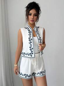 Elenzga Nuovo set estivo elegante composto da cardigan smanicato a fantasia a righe e fiori e pantaloncini in vita elastica, 2 pezzi casual comodi e di per resort