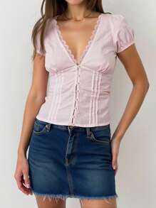 INAWLY Solva Blusa de mujer de cuello en V de manga corta de un solo color, simple y de moda, adecuada para el verano