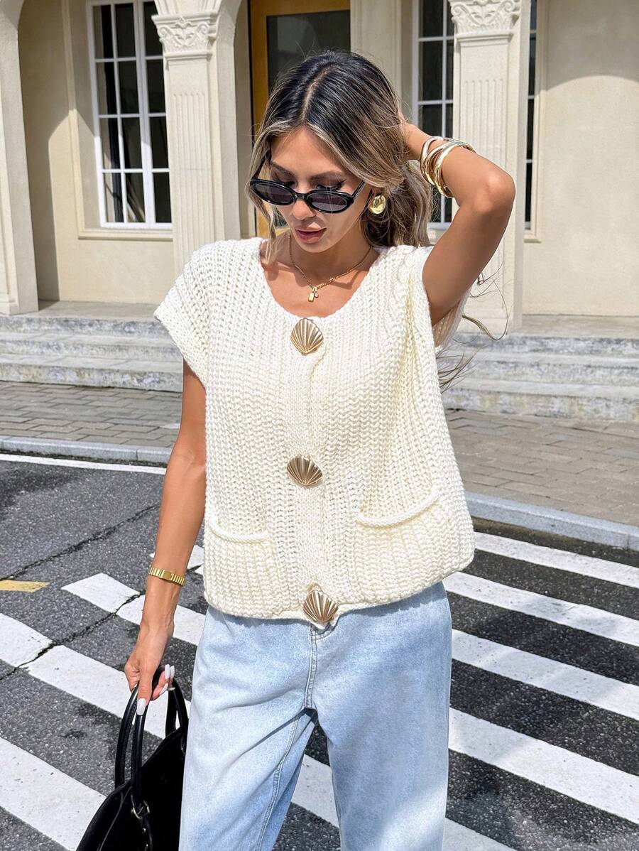 Serisse Women's Cream White Elegant Loose Coarse Knit Vest Sweater Cardigan,Autumn Vacation Metal Shell Decoration Patch Pocket Solid Color Casual Tops - Beige - View 1