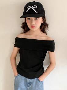 Dazy Kids 青少年女孩露肩修身短袖 T 恤，夏季，返校服装 - 黑色 - 查看 7