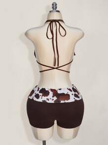 SHEIN ICON Shorts mini súper cortos con cintura plegable de talla grande con estampado de vaca, estilo bohemio nómada, apropiados para el verano