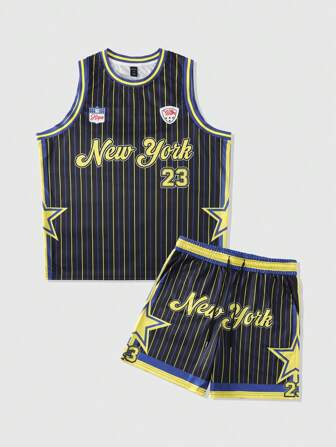 Men's Preppy Casual Striped Print Vest & Drawstring Shorts Set