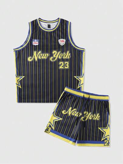 Prep Herren Lässig Gestreiftes Muster Weste & Shorts Set mit Kordelzug