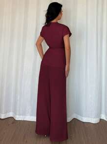 Elenzga Women's Summer Vacation Date Elegant Wrap Batwing Short Sleeve Blouse & Wide Leg Palazzo Pants 2 Pieces Set, Woven Apricot Two Pieces Set Women Elegant Pant Suit Summer Sets Elegant Two Pieces Set Women Two Pieces Pant Set Two Pieces Wide Leg Pants Set - Red Violet - View 2