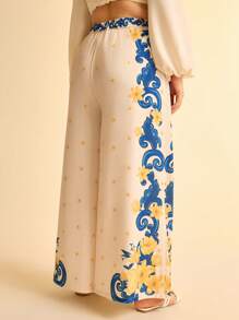 CAJUNI Plus Size Women's Holiday Style Tropical Floral Print Beige Loose Casual Pants For Summer