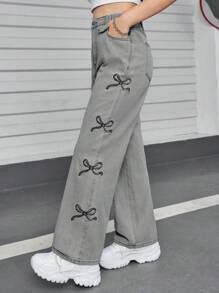 SHEIN Girls' Washed Casual Straight Jeans With Cute Butterfly Embroidery And Bow Decor, Comfortable And Versatile Fall Winter