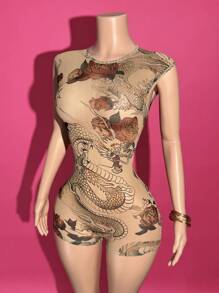 Slaydiva 2025-Summer New Casual Street Music Festival Shopping Sexy Backless Pattern Women's Mesh Skinny Jumpsuit,Street, Party, Travel, Graduation Outfit, Brunch Outfit, Back To School, Sexy, Hot Girl Dragon Print Romper Tattoo Print Romper