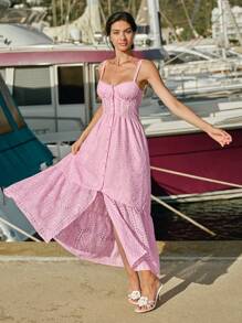 Enchnt Đầm yếm thêu rỗng màu trơn đơn giản cho kỳ nghỉ của phụ nữ - Màu Hồng baby - Xem 5