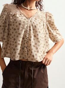 Bohemela 休闲宽松梭织女式衬衫，适合夏季、秋季、波西米亚风、独立日 - 棕色 - 查看 2