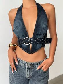 Aloruh Top corto de denim con escote en V profundo y cuello halter anudado, top de verano, sexy para club, para salir de noche - Lavado ligero - Ver 8
