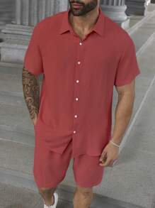 Manfinity Homme Conjunto de talla grande con 2 piezas: Camisa casual de manga corta con hombro caído y un solo botonadura, para el verano - Color caoba - Ver 3